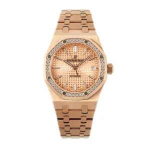 Royal-Oak-15450ST-37mm-Champagne-Dial-in-Rose-Gold-with-Diamond-Bezel-1 Audemars Piguet Royal Oak 15450ST with a 37 mm rose gold case, champagne dial, and diamond bezel.