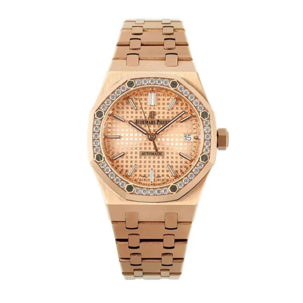 Royal-Oak-15450ST-37mm-Champagne-Dial-in-Rose-Gold-with-Diamond-Bezel-1 Audemars Piguet Royal Oak 15450ST with a 37 mm rose gold case, champagne dial, and diamond bezel.
