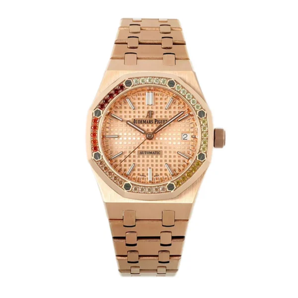 Royal-Oak-15450ST-37mm-Champagne-Dial-in-Rose-Gold-with-Rainbow-Diamond-Bezel-1 Audemars Piguet Royal Oak 15450ST with a 37 mm rose gold case, champagne dial, and rainbow diamond bezel.