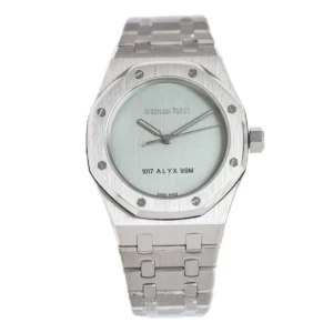 Royal-Oak-15550-Silver-Dial-1017-ALYX-9SM-1 Audemars Piguet Royal Oak 15550 1017 ALYX 9SM Super Clone with a silver brushed dial, 37 mm white gold case, and integrated white gold bracelet.