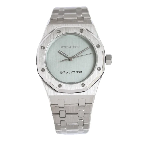 Royal-Oak-15550-Silver-Dial-1017-ALYX-9SM-1 Audemars Piguet Royal Oak 15550 1017 ALYX 9SM Super Clone with a silver brushed dial, 37 mm white gold case, and integrated white gold bracelet.