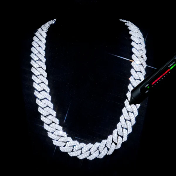 VVS Moissanite 20MM Prong Cuban Link Chain 20mm VVS Moissanite Prong Cuban Link Chain White Gold Hip Hop Necklace