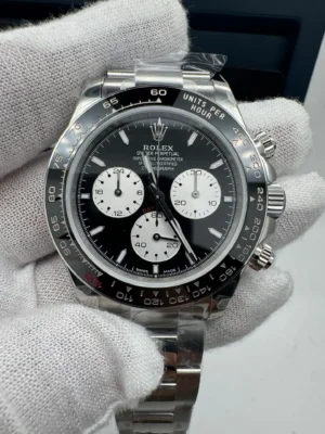 New Rolex Cosmograph Daytona 126529LN Super Clone featuring a 40mm white gold-tone case, Black Dial, black Cerachrom tachymeter bezel, Oyster bracelet, transparent sapphire case back, and 4132 Super Clone automatic chronograph movement.