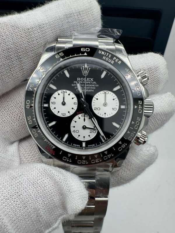 New Rolex Cosmograph Daytona 126529LN Super Clone featuring a 40mm white gold-tone case, Black Dial, black Cerachrom tachymeter bezel, Oyster bracelet, transparent sapphire case back, and 4132 Super Clone automatic chronograph movement.