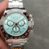 Rolex Daytona Platinum Ice Blue Baguette Diamond Dial Super Clone featuring a 40mm platinum-tone case, Ice Blue Dial with baguette diamond hour markers, chestnut brown ceramic tachymeter bezel, Oyster bracelet, and automatic chronograph movement.