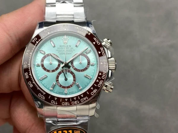 WhatsApp-Image-2025-07-25-at-01.25.21 Rolex Daytona Platinum Ice Blue Baguette Diamond Dial Super Clone featuring a 40mm platinum-tone case, Ice Blue Dial with baguette diamond hour markers, chestnut brown ceramic tachymeter bezel, Oyster bracelet, and automatic chronograph movement.
