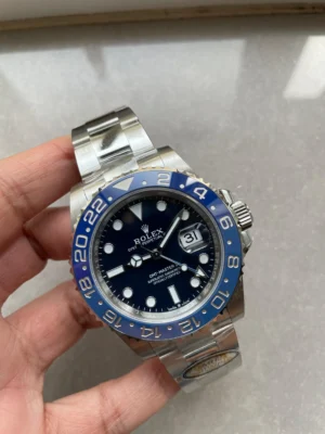 Rolex GMT-Master II Blueberry ARF SH3285 Super Clone with a blue ceramic GMT bezel, black dial, 40mm stainless steel case, Oyster bracelet, and automatic movement.