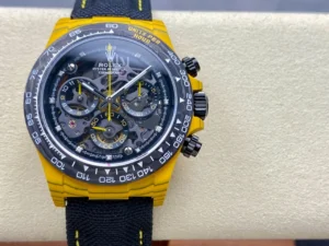 Daytona DIW Yellow Carbon DIWF 1:1 Best Edition featuring a Skeleton Dial, yellow carbon case, fixed carbon tachymeter bezel, black nylon strap, and DD4801 automatic chronograph movement