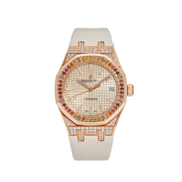audemars-piguet-royal-oak-15452or-zy-d038ve-01-rose-gold-and-diamonds-2021-audemars-piguet-40260268261620 Audemars Piguet Royal Oak in rose gold with a diamond-set bezel.