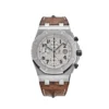 Audemars Piguet Royal Oak Offshore Safari Chronograph with a 42 mm stainless steel case, ivory Méga Tapisserie dial, and brown leather strap.