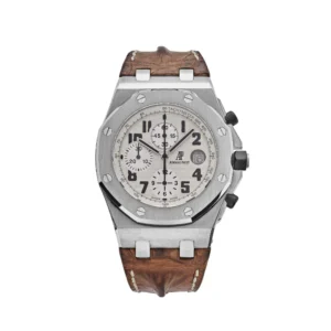Audemars Piguet Royal Oak Offshore Safari Chronograph with a 42 mm stainless steel case, ivory Méga Tapisserie dial, and brown leather strap.