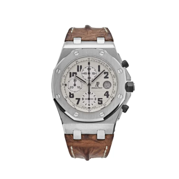 Audemars Piguet Royal Oak Offshore Safari Chronograph with a 42 mm stainless steel case, ivory Méga Tapisserie dial, and brown leather strap.