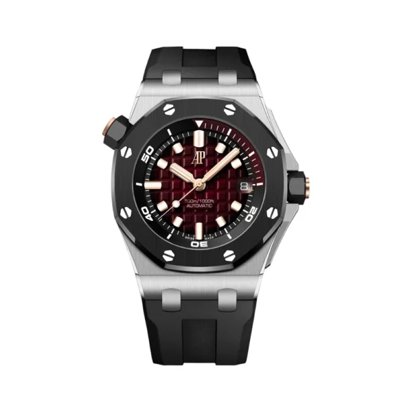 audemars-piguet-royal-oak-offshore-diver-15720cn-oo-a002ca-02-smoked-red-dial-white-gold-audemars-piguet-43353183420660 (1) Audemars Piguet Royal Oak Offshore Diver with a smoked red dial, 42 mm white gold case, and black rubber strap.