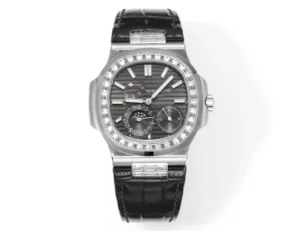 Patek Philippe Nautilus 5724 Super Clone with a Grey/Stk Dial, leather strap, diamond-set stainless steel case, and A240 movement.