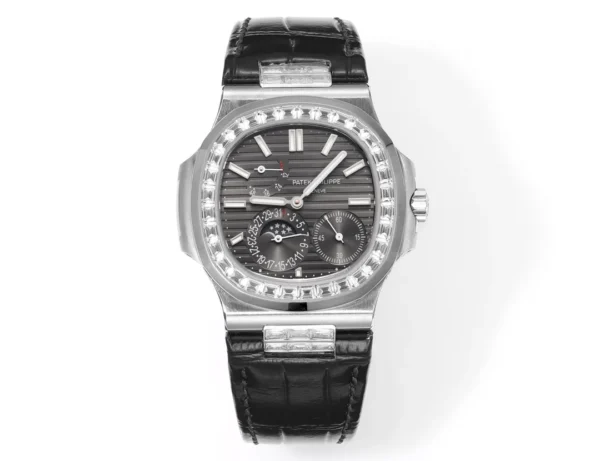 Patek Philippe Nautilus 5724 Super Clone with a Grey/Stk Dial, leather strap, diamond-set stainless steel case, and A240 movement.