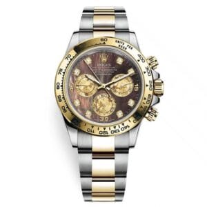 Rolex Daytona 116503 Two Tone Yellow Gold MOP Diamond Dial Super Clone featuring a 40mm two-tone stainless steel and yellow gold case, Mother of Pearl Diamond Dial, Oyster bracelet, tachymeter bezel, and SA4130 automatic movement.