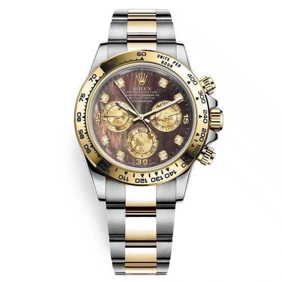 images (5) Rolex Daytona 116503 Two Tone Yellow Gold MOP Diamond Dial Super Clone featuring a 40mm two-tone stainless steel and yellow gold case, Mother of Pearl Diamond Dial, Oyster bracelet, tachymeter bezel, and SA4130 automatic movement.