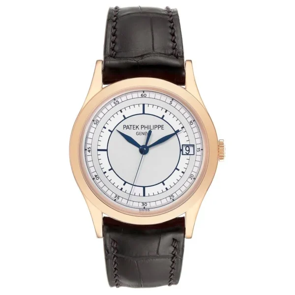 Patek Philippe Calatrava 5296G ZF 1:1 Best Edition with a White Dial, Blue Hands, Blue Leather Strap, and 324CS movement.