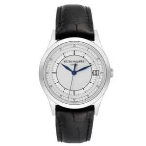 Patek Philippe Calatrava 5296G SS ZF 1:1 Best Edition with a White Dial, Blue Hands, Blue Leather Strap, and 324CS movement.