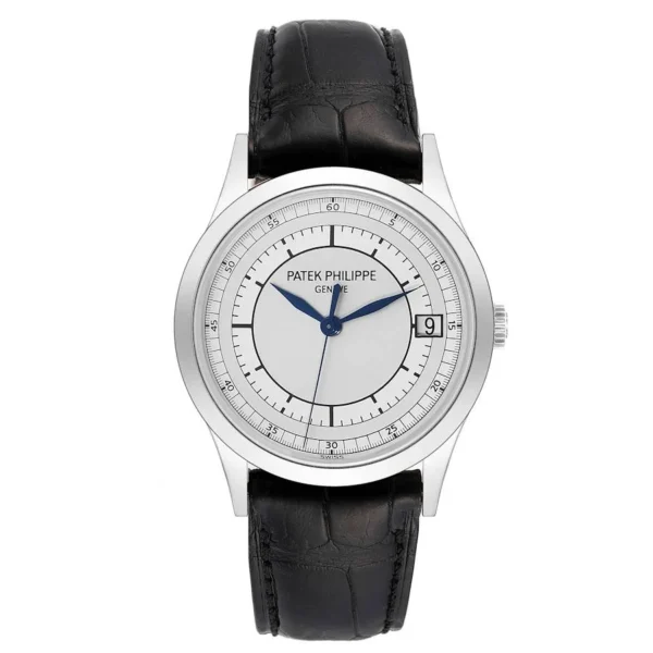 Patek Philippe Calatrava 5296G SS ZF 1:1 Best Edition with a White Dial, Blue Hands, Blue Leather Strap, and 324CS movement.