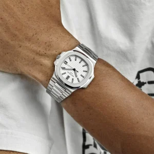 Patek Philippe Nautilus 5711/1A 3KF Super Clone with a White Textured Dial, stainless steel bracelet, and A324 movement.