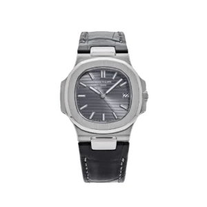 Patek Philippe Nautilus 5711 40mm 3KF Super Clone with a Grey Dial, Black Leather Strap, and A324 movement.