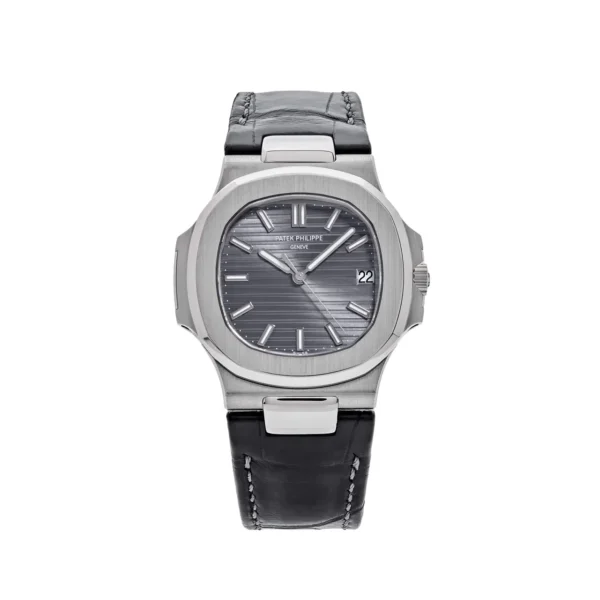 Patek Philippe Nautilus 5711 40mm 3KF Super Clone with a Grey Dial, Black Leather Strap, and A324 movement.
