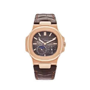 Patek Philippe Nautilus 5712 ZF 1:1 Best Edition with a Brown Dial, Brown Leather Strap, Rose Gold finish, and A240 movement.
