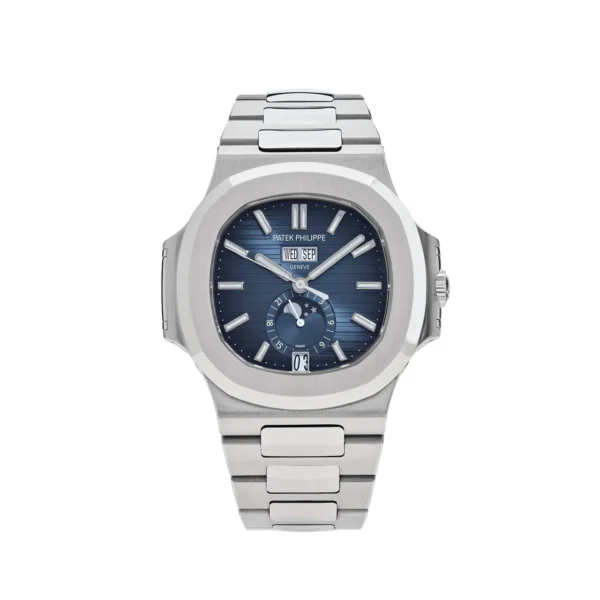 Patek Philippe Nautilus 5726 PPF 1:1 Best Edition with a Blue Dial, stainless steel bracelet, Full Function, and A324 movement.