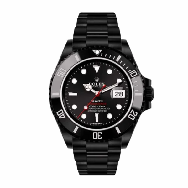 rolex-blaken-submariner-date-singel-red-black-dial-116610n-replica Rolex Submariner Date 116610N Blaken Super Clone featuring a 40mm black-coated stainless steel case, Black Dial, black ceramic bezel, Oyster bracelet, and automatic movement.