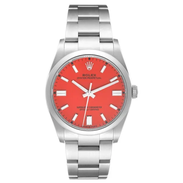 rolex-oyster-perpetual-coral-red-dial-steel-mens-watch-126000-box-card-63225_b6fd1c94c7_md Oyster Perpetual 36mm 126000 Clean 1:1 Best Edition featuring a Red Dial, 904L stainless steel case, Oyster bracelet, sapphire crystal, and VR3230 automatic movement.