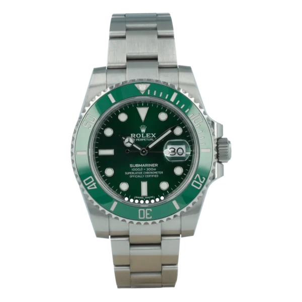 Rolex Submariner 116610LV Hulk with a green dial, green Cerachrom bezel, stainless steel case, and Oyster bracelet.