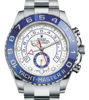 Rolex Yacht-Master II Oystersteel M116680-0002 featuring a 44mm Oystersteel case, white dial with blue accents, Oyster bracelet, and automatic movement.