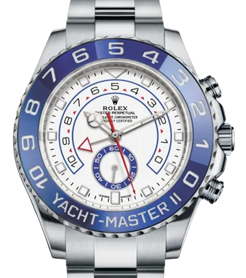 Rolex Yacht-Master II Oystersteel M116680-0002 featuring a 44mm Oystersteel case, white dial with blue accents, Oyster bracelet, and automatic movement.