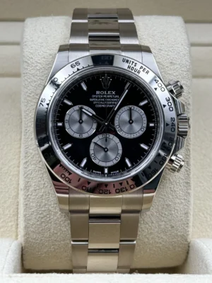 s-l1600 Rolex Daytona 126509 UFO Super Clone featuring a 40mm 904L stainless steel case, Black Dial, silver subdials, Oyster bracelet, and UF4131 automatic chronograph movement.
