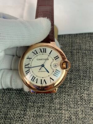Cartier Ballon Bleu 42 WGBB0017 Ballon Bleu WGBB0017-inspired men's watch with silver Roman numeral dial, rose-gold-tone round case, and brown leather strap