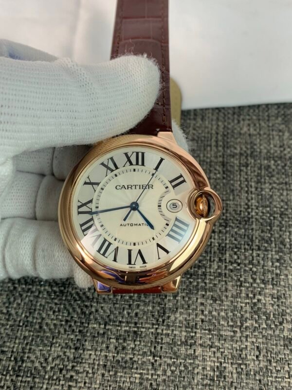 Ballon Bleu WGBB0017-inspired men's watch with silver Roman numeral dial, rose-gold-tone round case, and brown leather strap