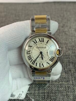 Cartier Ballon Bleu W69008Z3 Ballon Bleu 36 W2BB0012-inspired watch with silver Roman numeral dial, round two-tone case, and yellow-gold-colored bracelet accents