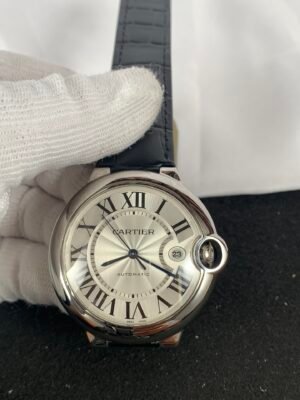 Cartier Ballon Bleu W69016Z4 Ballon Bleu-inspired men's watch with a 42 mm round steel case, white Roman numeral dial, and black leather strap