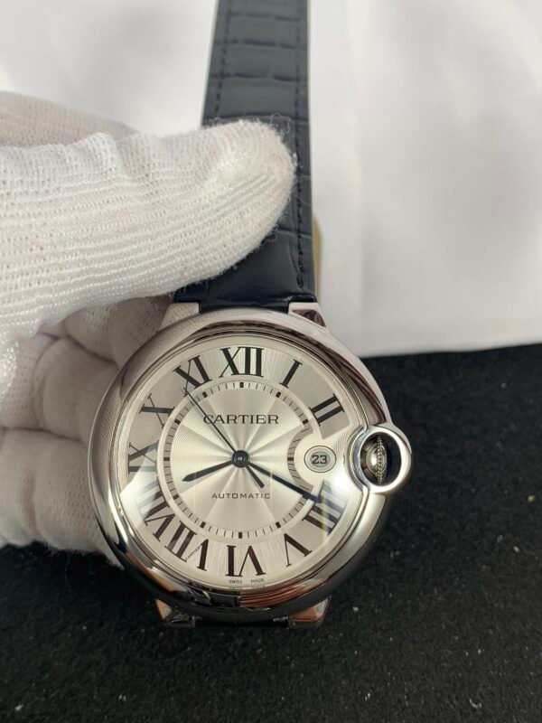 Ballon Bleu-inspired men's watch with a 42 mm round steel case, white Roman numeral dial, and black leather strap