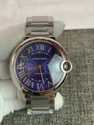 Cartier Ballon Bleu WSBB0025 Ballon Bleu WGBB0017-inspired men's watch with silver Roman numeral dial, rose-gold-color round case, and brown leather strap