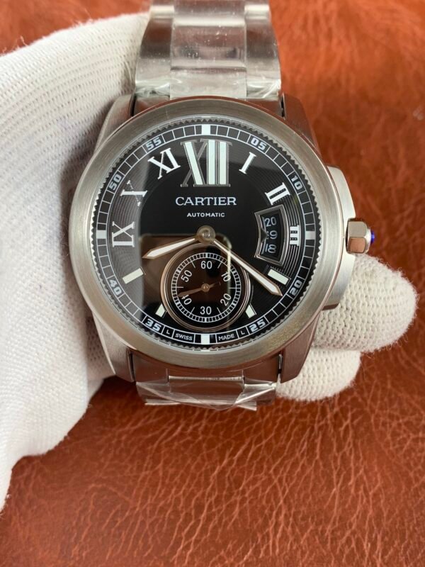 Cartier Calibre de Cartier 42 Cartier Calibre de Cartier 42 W7100016 men's watch with black Roman numeral dial and stainless steel bracelet