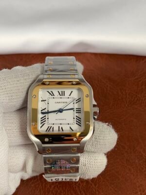 Cartier De Santos W2SA0016 35MM 35 mm Santos-inspired women's watch with white Roman numeral dial, square steel case, and two-tone yellow-gold-colored bracelet