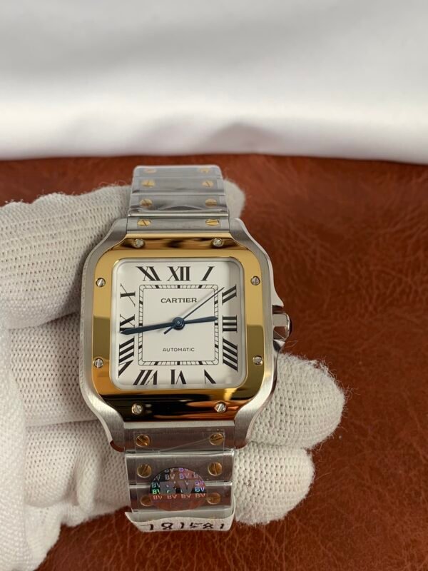 35 mm Santos-inspired women's watch with white Roman numeral dial, square steel case, and two-tone yellow-gold-colored bracelet