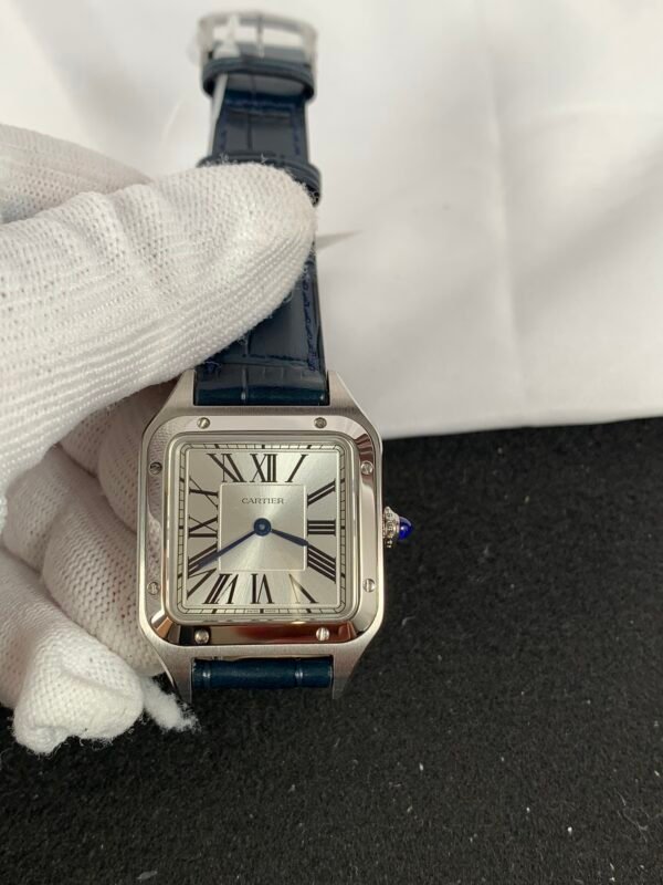 Cartier De Santos WSSA0023 Square Santos Dumont WSSA0023-inspired watch with silver Roman numeral dial, steel-colored case, and blue leather strap