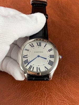 Cartier Drive de Cartier 39 WGNM0007 Drive de Cartier WGNM0007-inspired men's watch with silver Roman numeral dial, round steel case, and black leather strap