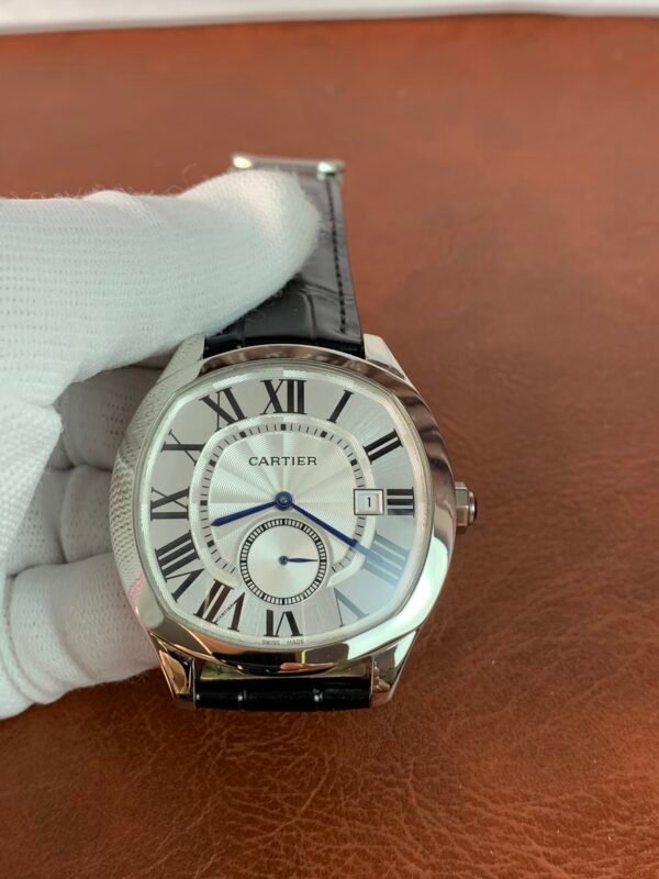 Drive de Cartier WSNM0004-inspired men's watch with silver Roman numeral dial, 41 mm round steel case, and black leather strap