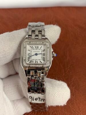Cartier Panthere Secrete De Ladies Panthere Secrete ladies watch with white Roman numeral dial, square stainless steel case, and matching bracelet
