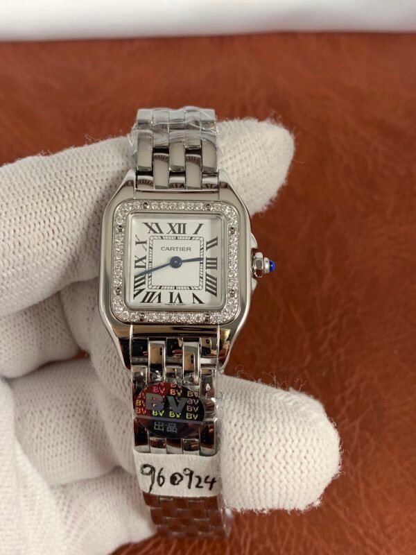 Panthere Secrete ladies watch with white Roman numeral dial, square stainless steel case, and matching bracelet