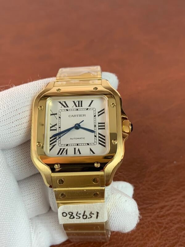 Cartier Santos De Cartier 35 Santos de Cartier 35 WGSA0031 watch with white Roman numeral dial, square case, and rose gold-coloured bracelet